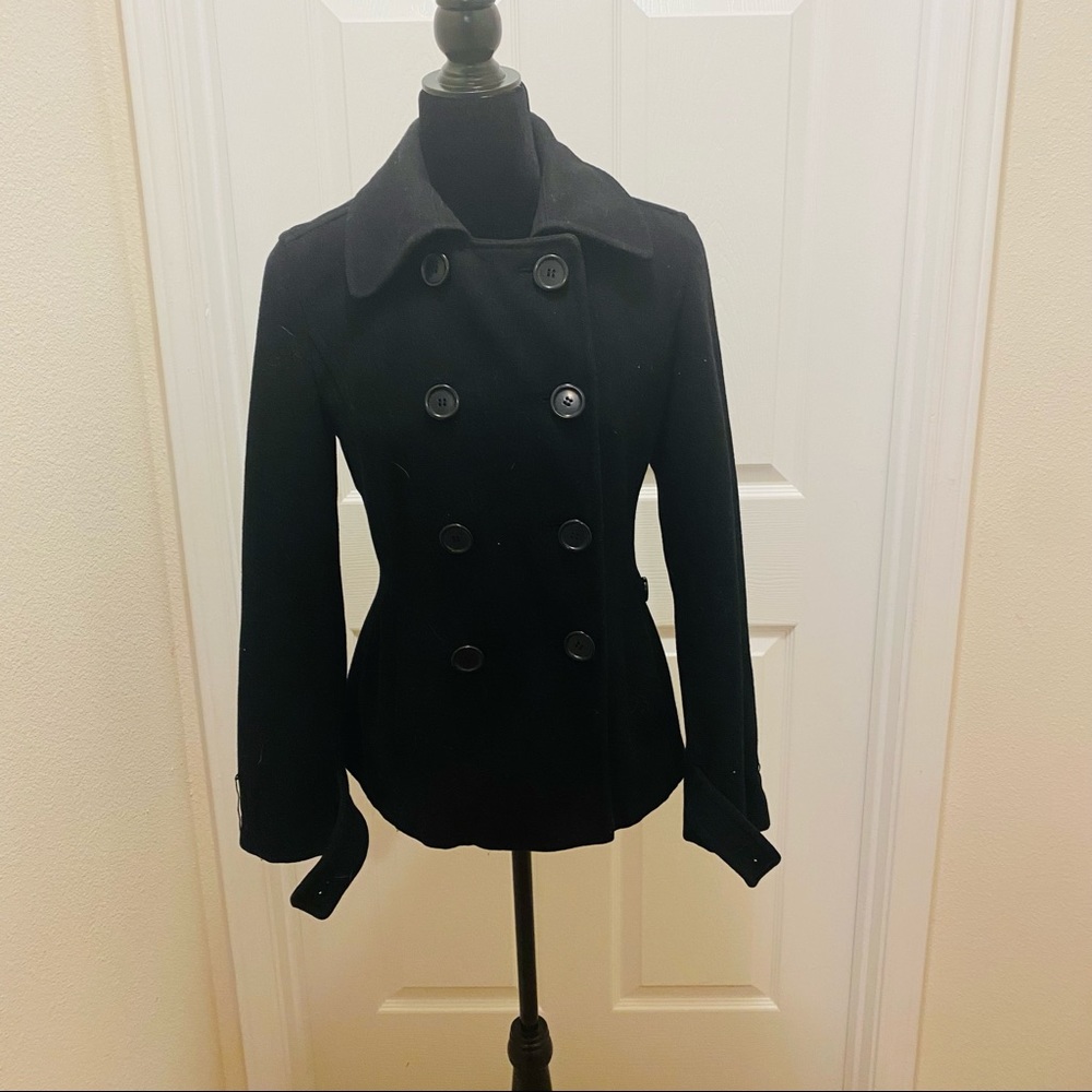 Wool Blend Pea Coat, Black